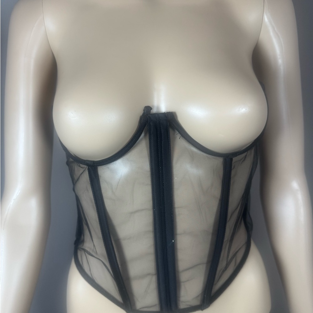 AKIRA Sheer Black Mesh Corset Bustier Lace Up Back Boned Top NWT S/M